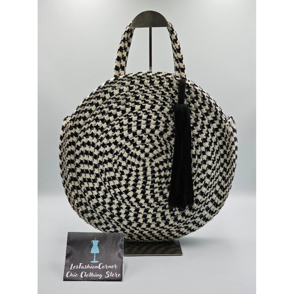 La Regale Women's Black White Round Woven Houndstooth Tote Bag Tassel Sz L 2632 - Picture 1 of 10